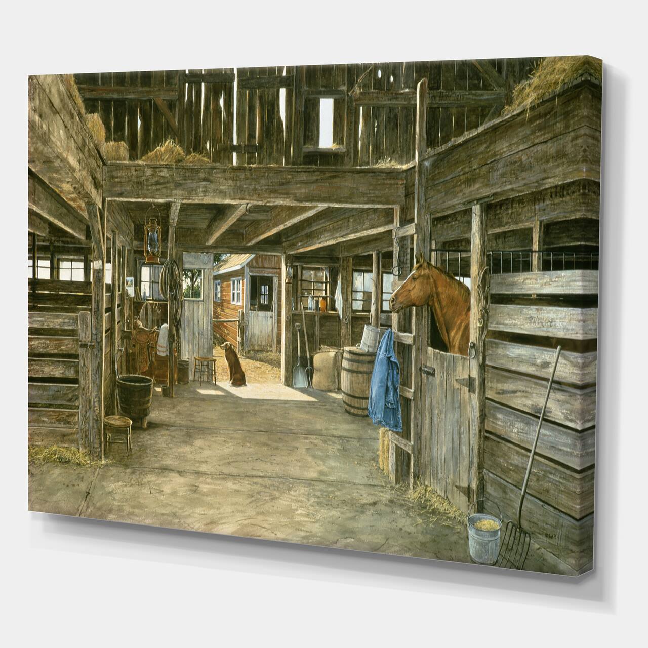 Designart - The Horse In The Barn And Dog In Doorway - Farmhouse Premium Canvas Wall Art